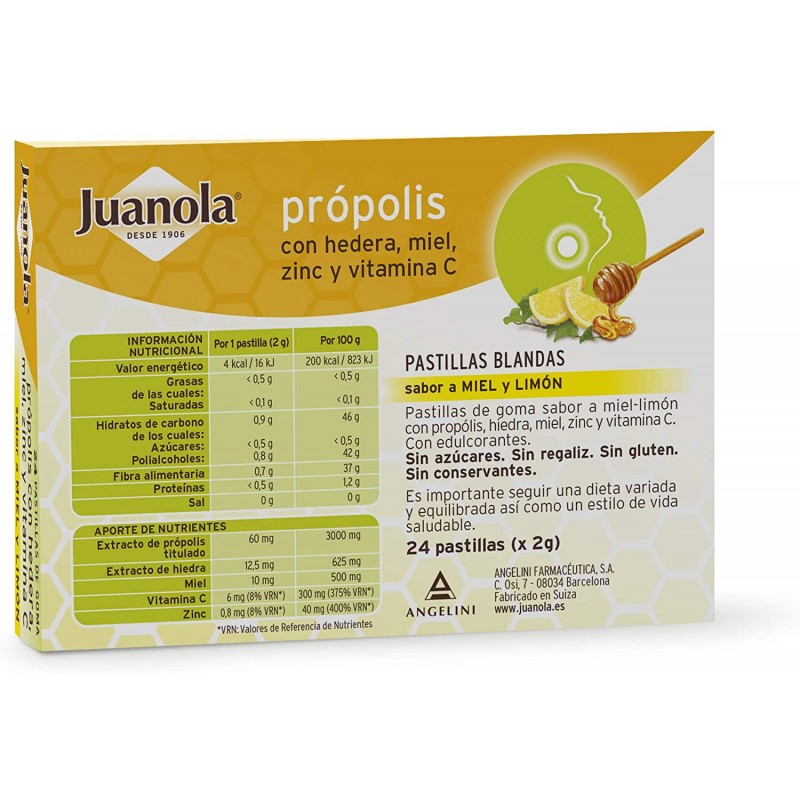 JUANOLA PASTILLAS PROPOLIS MIEL Y LIMON 24 PASTILLAS BLANDAS