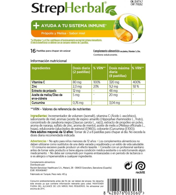 STREPHERBAL PROPOLIS Y MELISA SABOR MIEL 16 PASTILLAS