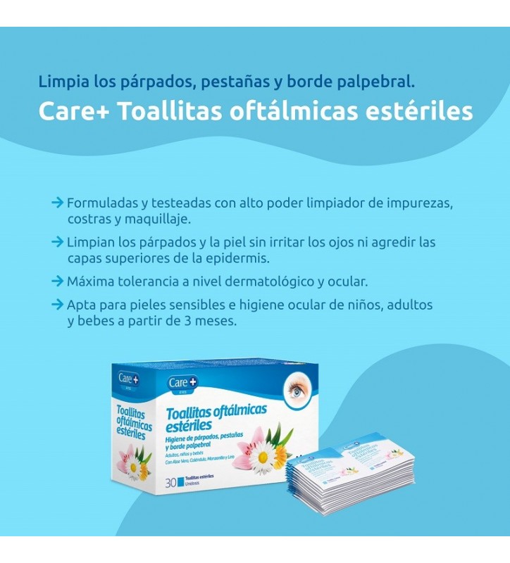 CARE+ TOALLITAS OFTALMICAS ESTERILES HIGIENE DE PARPADOS PESTAÑAS Y BORDE PALPEBRAL 30 UNIDADES