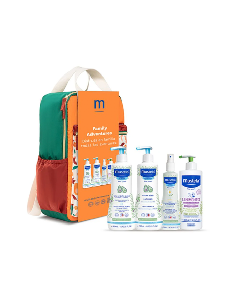 MUSTELA MOCHILA FAMILY ADVENTURES TERRACOTA GEL 500ML+HYDRA500ML+AGUA PEINADO200ML+LINIMENTO400